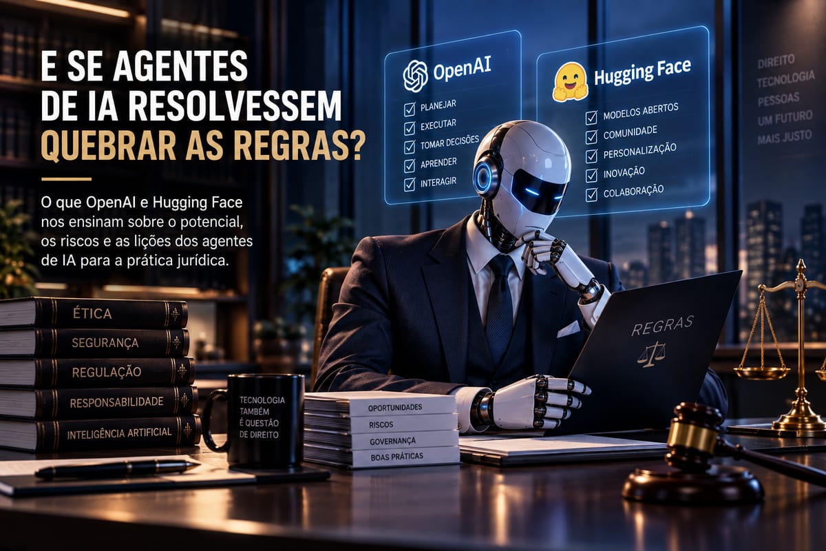 Robô humanoide de terno diante de um notebook com a palavra REGRAS, cercado por livros sobre ética, segurança, regulação e responsabilidade, com painéis holográficos da OpenAI e da Hugging Face ao fundo