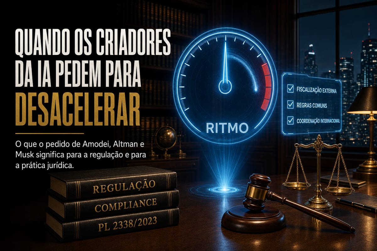 Velocímetro holográfico azul com a palavra RITMO e o ponteiro recuado da zona vermelha para o meio do mostrador, ao lado de um painel com as propostas fiscalização externa, regras comuns e coordenação internacional. Na mesa, balança, martelo e livros sobre regulação, compliance e o PL 2338/2023. À esquerda, o título: quando os criadores da IA pedem para desacelerar.