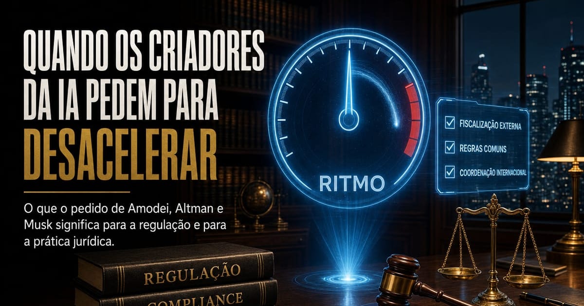 Velocímetro holográfico com o ponteiro recuado para o meio do mostrador e a palavra RITMO, num escritório de advocacia à noite, com o título: quando os criadores da IA pedem para desacelerar